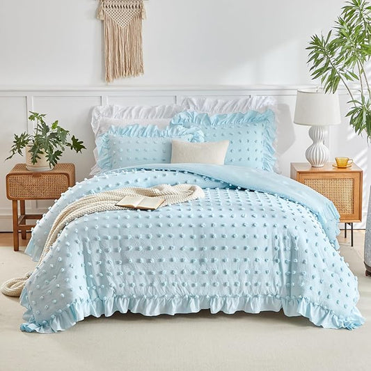 Flysheep Tufted Dots Ruffle Comforter Set King Size, 3 Pieces Blue Vintage Farmhouse Shabby Chic Comforters, Jacquard Boho Bohemian Bedding Set for All Season (1 Ruffled Comforter+ 2 Pillow Shams)