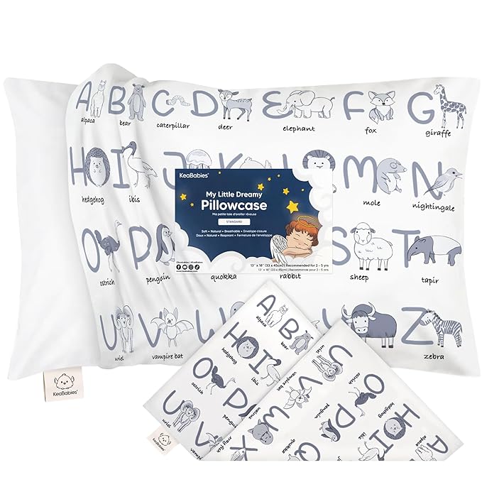KeaBabies Toddler Pillowcase 13"x18" - Organic Cotton Toddler Pillowcase for Kids, Boys, Girls, Soft & Durable Cotton Cover for Miniature Sleepy Pillows, Cute Colors, Pillow Sold Separately(Alphamals)