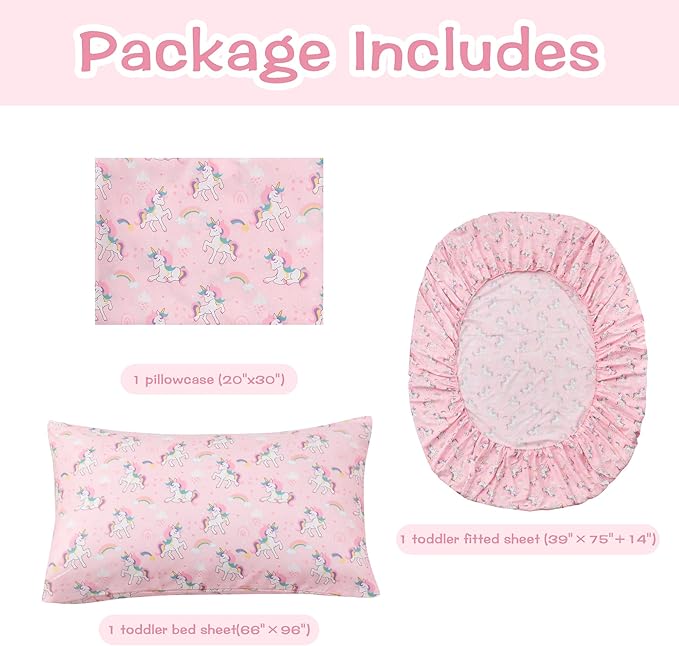 Kids Sheet Set Twin Size 3 Pcs, Girls Sheet Set with Pink Unicorn Pattern，Kids Girls Twin Fitted Sheet，Breathable & Silky Soft Microfiber Fitted Sheet