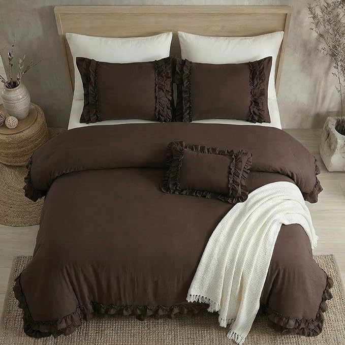 Dark Brown Duvet Cover Set Elegant Ruffled Bedding Twin Shabby Chic Lace Ruffle Boho Bedroom Decor Vintage Boho Style Chocolate Duvet Cover with Pillowcases