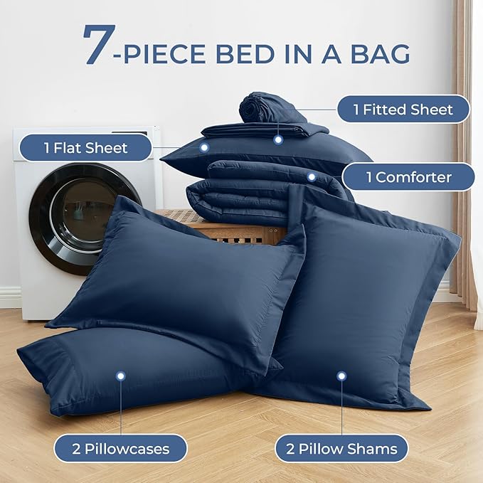 Sasttie Oversized King Comforter Set, 7 Pieces Extra Large Bed in a Bag, Complete Bedding Set Includes 120''x98'' Comforter, Flat Sheet, Fitted Sheet, Pillowcases and Pillow Shams, Navy