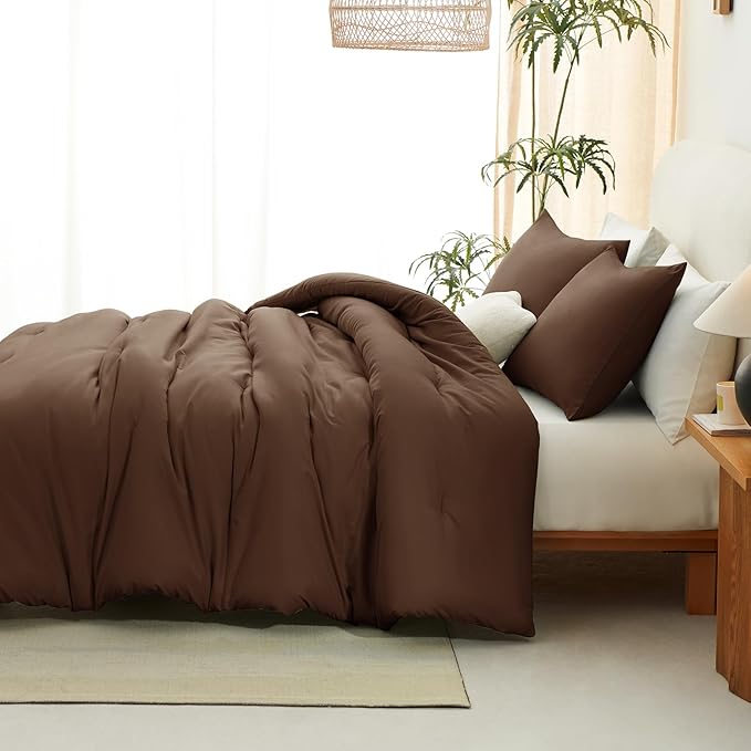 CozyLux King Size Comforter Set Brown, 3 Pieces Solid Comforters King Size Breathable Quilted Style Bedding Set, Luxury Soft Bed Set with Down Alternative Comforter (1 Comforter & 2 Pillowcases)