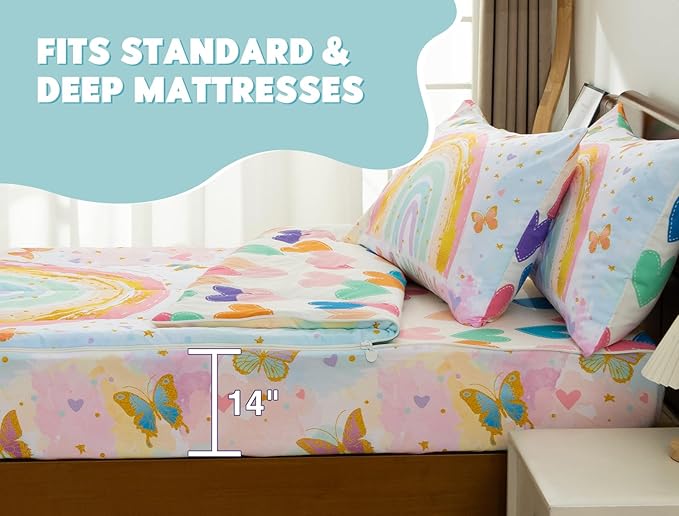 Meeting Story 3pcs Kids Comforter Set Zipper Bedding Set for Girls,Twin Kid Bedding Rainbow Comforter Butterfly Bedding Set for Kid（Yellow,Twin）