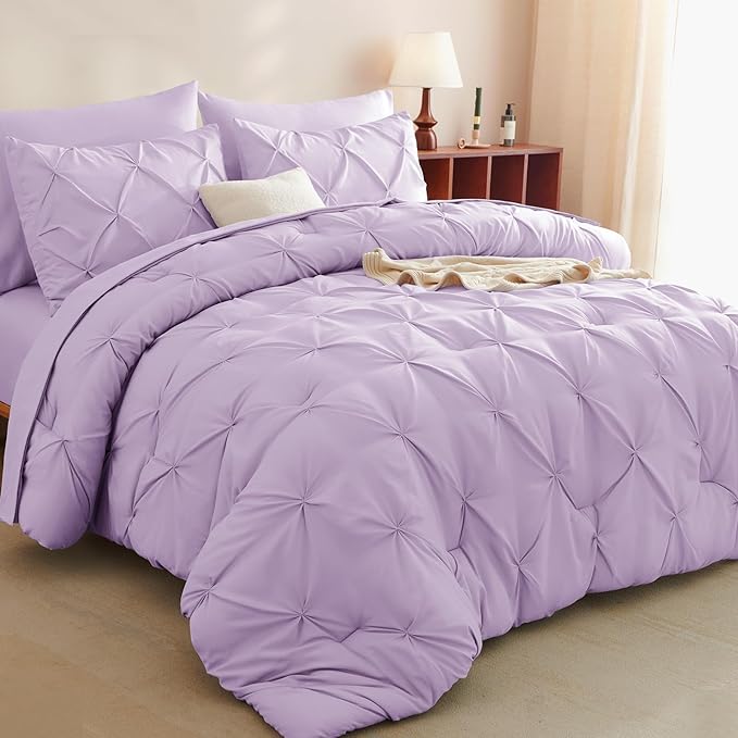 Full Comforter Set Lavender, 7 Pieces Pintuck Bed in A Bag Full Size Bedding, Soft Bed Set All Season Pinch Pleat Comforter Set with Sheets, Pillowcases & Shams