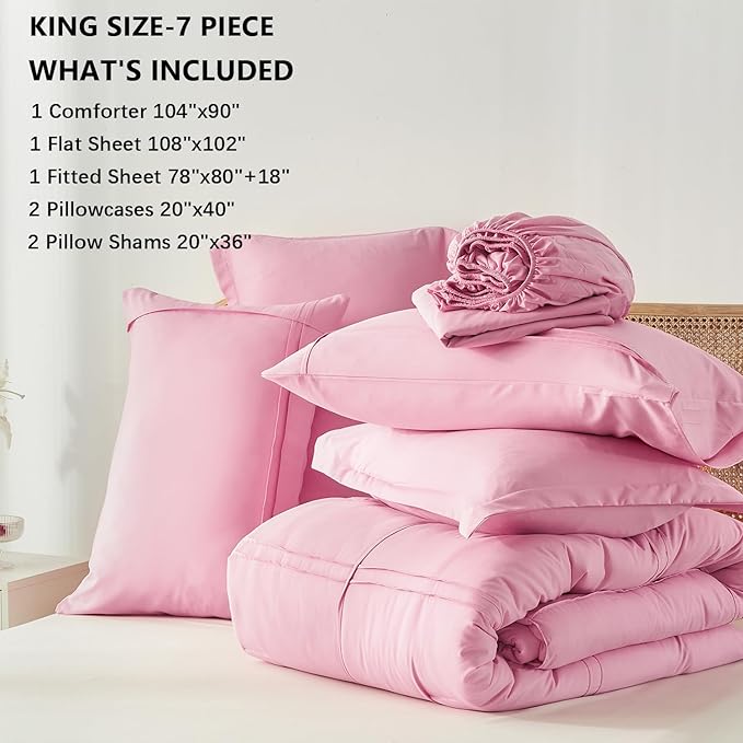 Yogeneg King Size Comforter Set 7 Piece Bed in a Bag,Grid Pinch Pleat Pink Bedding Set,Striped Textured Soft Microfiber Comforter with Sheet Set,All Season Complete Bed Set(Pink,King)