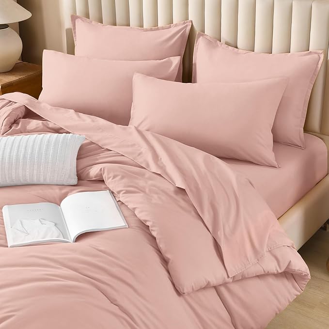 Litanika Twin/Twin XL Size Comforter Sets Grey Blush Pink - 5 Pieces Bed in a Bag Twin/Twin XL Bedding Comforter Sets, Solid Lightweight Bed Set with Comforter, Sheets, Pillowcase & Sham