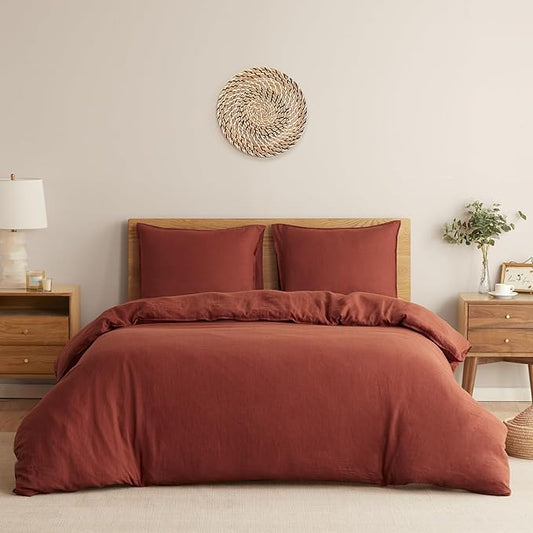 DAPU 100% Linen Duvet Cover Set - Pure Natural French Flax Linen with Corner Ties and Zipper Closure Soft Breathable Durable for Hot Sleepers 1 Duvet Cover 2 Pillowcases (Rust Red, King)