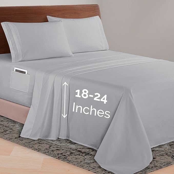 Elegant Comfort Luxurious 1500 Premium Hotel Quality Microfiber 4-Piece Sheet Set, 18-24 Inches Deep - Extra Deep Pocket Sheets - Ultra Soft 4PC Deep Pocket Sheets, Twin/Twin XL, Silver Gray