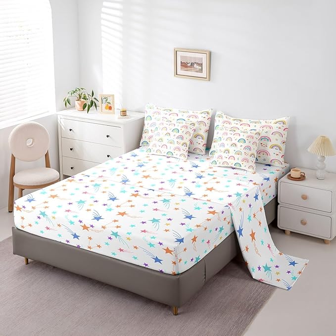 Feelyou Kids Rainbow 7 Pieces Bedding Set Twin Size, Colorful Stripes Comforter Set with Sheets Cute Cartoon Bed in A Bag Boys Girls Multicolor Teens Bed Set Bedroom Decor 7Pcs