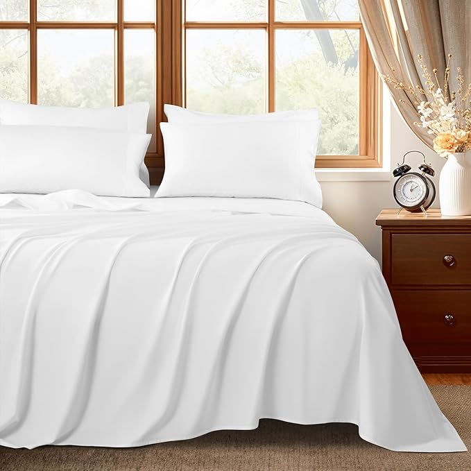 Shilucheng 100% Egyptian Cotton King Size Sheets Set - 1000 Thread Count，Luxury Cotton Bed Sheets，Breathable & Cooling Bedding and Pillow Cases, 16 Inch Deep Pocket - 6 Piece (White, King)