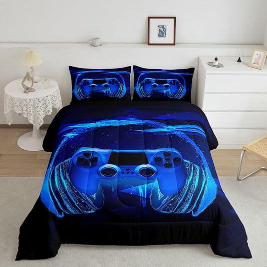 Feelyou Gamer Bedding Set Kids Video Game Gamepad Comforter Set for Boys Teens Gaming Headset Comforter Breathable Blue Game Controller Duvet Set Room Decor Quilt Set Queen Size