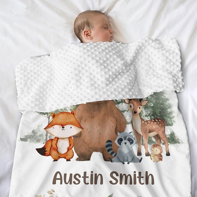 Personalized Baby Blankets for Boys Girls, Baby Blanket for Boys with Name, Soft Plush Receiving for Newborns, Little One- Animals Woodland 35x45 Inches
