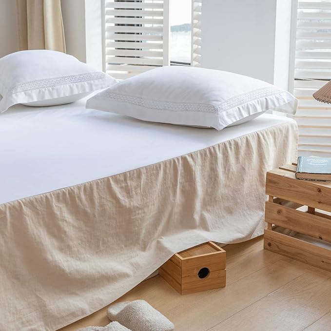 BISELINA French Linen Bed Skirt with Pleated Corner 22-Inch Tailored Drop Natural Flax Cotton Blend Basic Dust Ruffle Soft Cozy Farmhouse Bedding (22" King, Basic Linen)