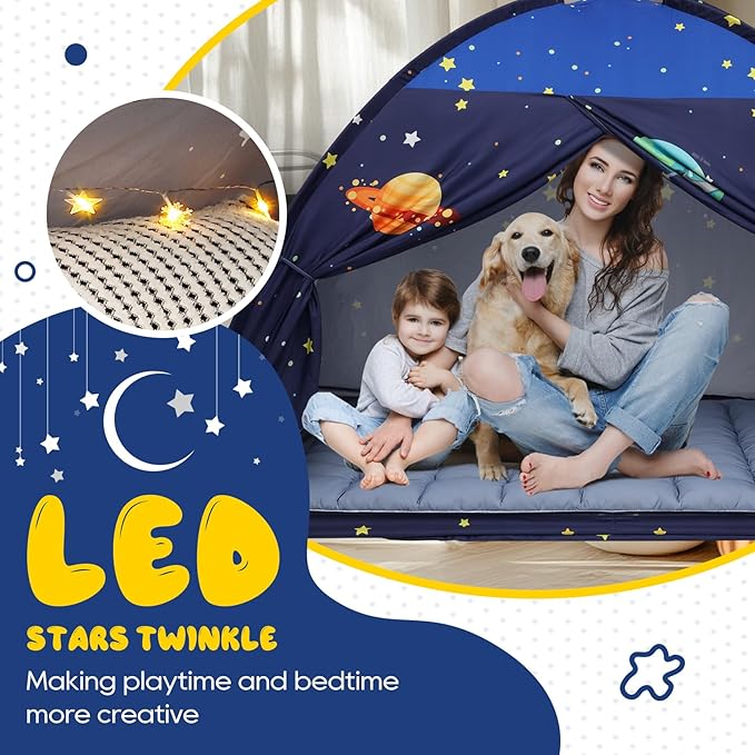 Redants Full Bed Tent Canopy, Space Indoor Blackout Privacy Toddler Bed Tent for Kids with Light, Portable Sleeping Floor Kids Playhouse (Blue, Full Size)
