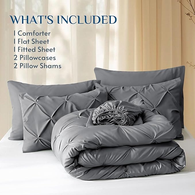JOLLYVOGUE Full Size Comforter Sets 7 Pieces - Bed in a Bag Full for All Season, Pintuck Bedding Comforter Sets with Comforter, Flat Sheet, Fitted Sheet and Pillowcases & Shams, Grey