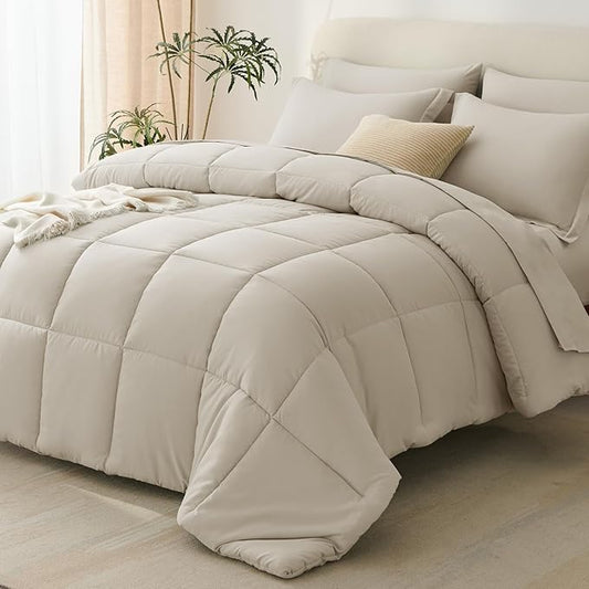 CozyLux King Size Comforter Set Oatmeal - 7 Pieces Bed in a Bag King, Okeo-Tex Certifited Bedding Set, All Season Soft Bed Set with Down Alternative Comforter, Sheets, Pillowcases & Pillow Shams