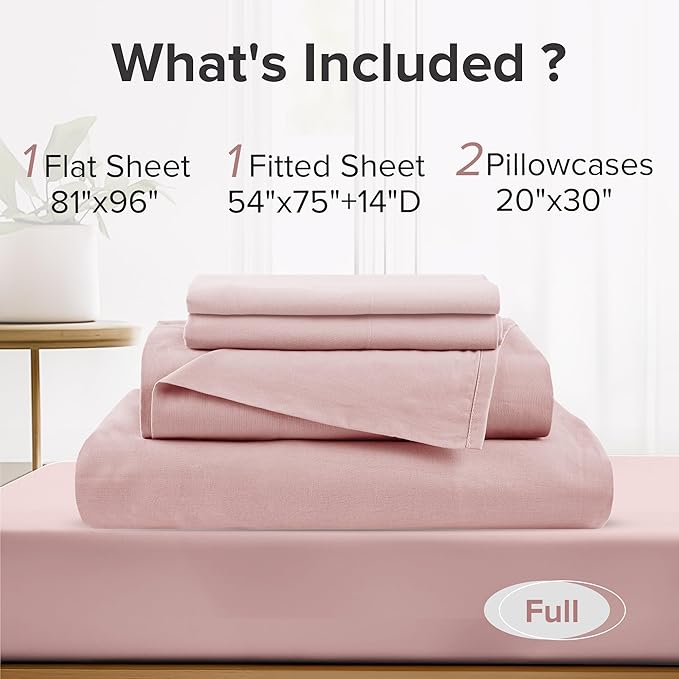 Comfort Spaces 100% Cotton Sheets Full, Breathable & Ultra Soft Cotton Sheets, Naturally Cool Cotton Bed Sheets with 14" Elastic Pocket Fits up to 16" Mattress, All Seasons Sheet Set, Pink 4 Piece