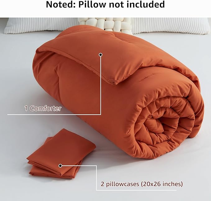 CozyLux Terracotta Full Size Comforter Set, 3 Pieces Burnt Orange Rust Solid Breathable Quilted Bedding Sets, Luxury Fluffy Soft Bed Set with Down Alternative Comforter and 2 Pillowcases All Season