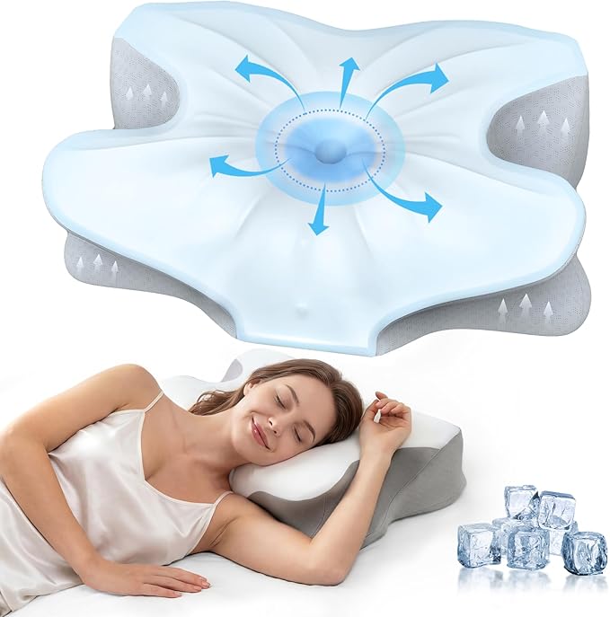 Cervical Memory Foam Pillow for Neck Pain Relief, Ergonomic Contour Pillow for Side, Back and Stomach Sleepers, Cooling Removable Breathable Pillowcase, Dual-Height Design