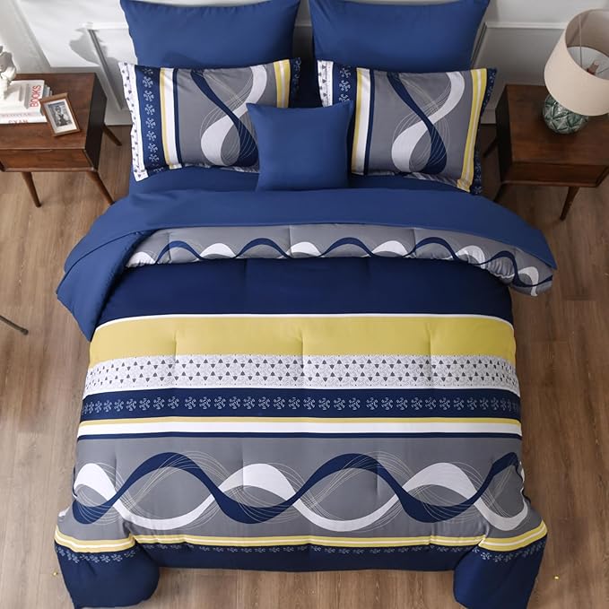 Anibedding Striped Comforter Set King Size,8 Pieces Bed in a Bag Navy Blue Yellow Patchwork Bedding Sets,Boho Soft Microfiber Bedding Set for All Season(104"×90")