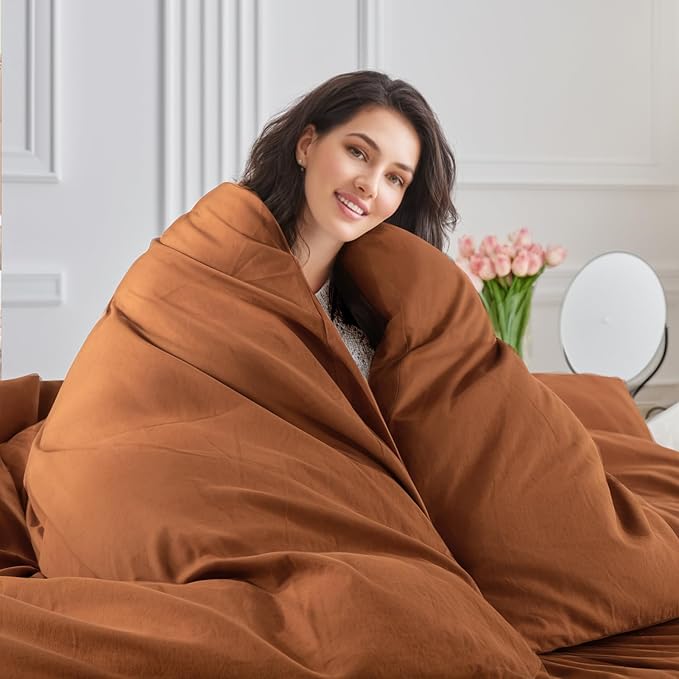 NEXHOME PRO Duvet Cover Set 100% Washed Cotton California King 104"x98", Organic Natural Linen Look Textured 3 Pieces Bedding Set Terracotta Burnt Orange with Zipper Closure, Soft(No Comforter)