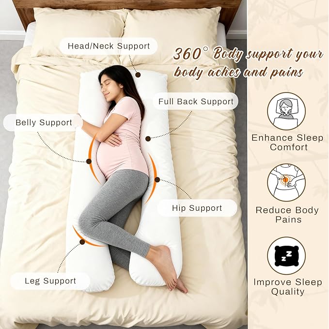 Leinuosen Pregnancy Pillow U-Shape Full Body Maternity Pillows 63 Inch Natural Kapok Fiber Filled with Breathable Cotton Shell for Legs, Back, Neck, Shoulder, HIPS, Belly for Pregnent Women