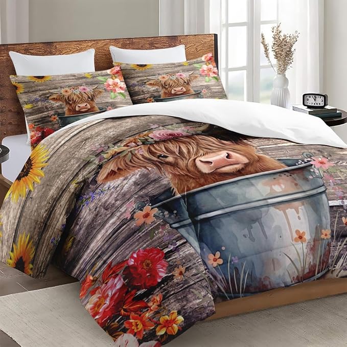Queen Size Comforter Set with 2 Pillowcases, Happy Cute Cartoon Soft 3 Pcs Bedding for Kids and Adults, Highland Cow Flower Comforter Set for Bedroom Bed Decor