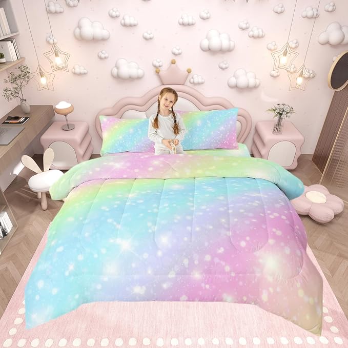 Erosebridal Rainbow Bedding Set for Kids Girls Teens Women Tie Dye Pastel Comforter Set King Size Golden Stars Glitter Bedding Comforter Set Watercolor Art Girly Quilt Set Sweet Bedroom Decor 3 Piece