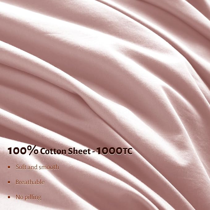 Shilucheng 100% Egyptian Cotton Queen Size Sheets Set - 1000 Thread Count，Luxury Cotton Bed Sheets，Breathable & Cooling Bedding and Pillow Cases, 16 Inch Deep Pocket - 4 Piece (Pink, Queen)