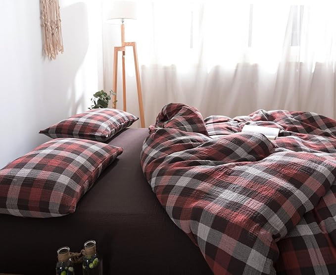 VM VOUGEMARKET Red Gingham Duvet Cover King Muslin Cotton Plaid Bedding Set Soft Breathable Linen Like Gauze Comforter Cover with Zipper Closure for Adults-3 Pieces,104"x90"