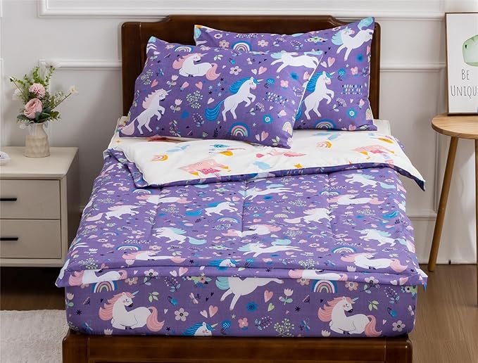 Meeting Story 3pcs Kids Comforter Sets Zipper Bedding Set for Girls,Full Kid Bedding Set Rainbow Comforter Unicorn Bedding for Kid,All in one Zipper Bedding(Purple,Full)