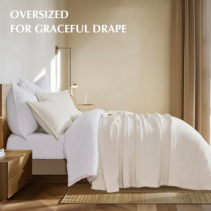 EVERGRACEHOME Stonewashed Cotton Quilt Set King Size, Ultra Soft Oversized Bedspread Coverlet Set, Lightweight Crinkle Box Stitch Bedding Sets for All Season, with 2 Shams, Ivory White