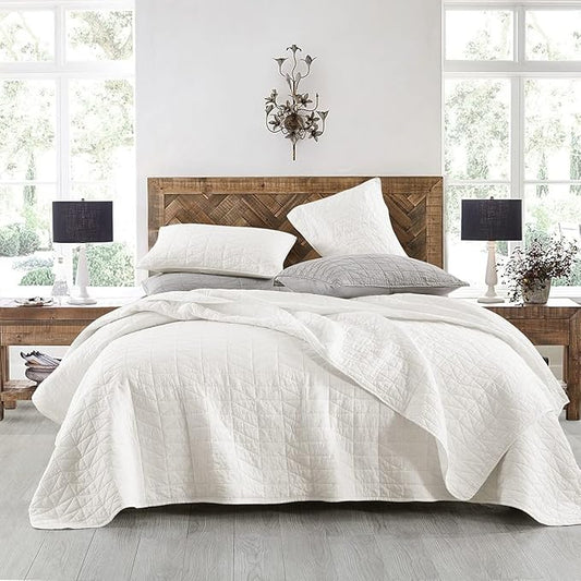 HORIMOTE HOME Quilt Set Queen Size, Stone-Washed Chic Rustic Cream White Coverlet with Classic Triangle Stitched Pattern, Ultra Soft Lightweight Quilted Bedspread for All Season, 3 Pieces