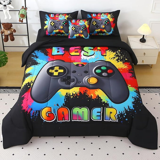 JQinHome Twin Gamer Bedding Set for Boys,6 Piece Bed in A Bag 3D Video Gamer Comforter -All Season Microfiber Gaming Bedding Set for Kids, with Sheet Sets (Rainbow Black)