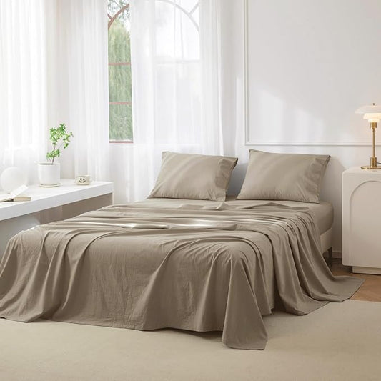 JIYUAN 100% Washed Cotton Sheet Set 4 Pieces Queen,1 Fitted Sheet,1 Flat Sheet and 2 Pillowcases,Comfy and Breathable Linen Like Bedding Set,Khaki