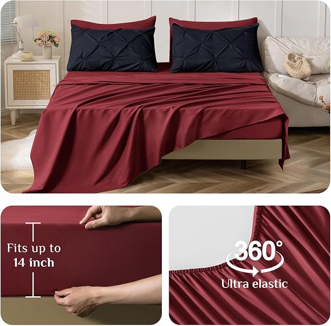 JOLLYVOGUE Cal King Comforter Set 7 Pieces - Bed in a Bag Cal King for All Season, Pintuck Bedding Comforter Sets with Comforter, Flat Sheet, Fitted Sheet and Pillowcases & Shams, Black & Burgundy