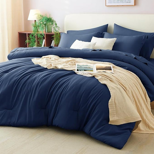 CozyLux King Comforter Set Navy Blue, 7 Pieces Bed in a Bag Bedding Comforter Set with Sheets, All Season Boho 7PC Bed Sets with Comforter, Fitted Sheets, Flat Sheets, Pillow Shams and Pillowcases