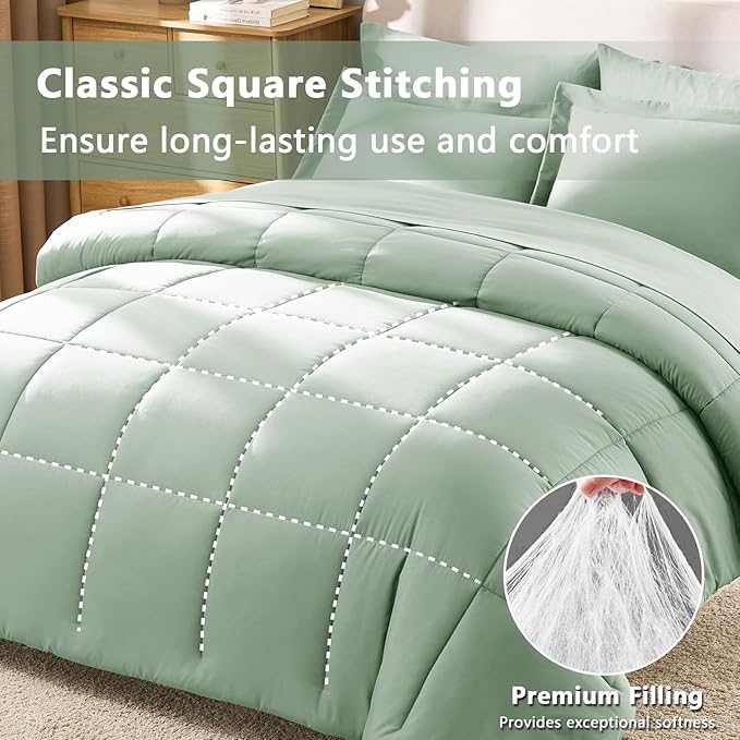 CozyLux Full Size Comforter Sets Sage Green - 7 Pieces Bed in a Bag Full, Oeko-Tex Certified Bed Set, All Season Soft Bedding Set with Down Alternative Comforter, Sheets, Pillowcases & Pillow Shams