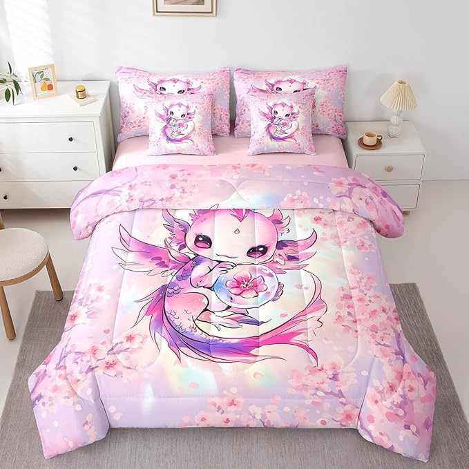 Feelyou Kids Cute Axolotl Bed in A Bag Queen Size, Cartoon Animal 7 Pieces Bedding Set Boys Girls Kawaii Ocean Sealife Comforter Set with Sheets Floral Teens Bed Set Bedroom Decor 7Pcs