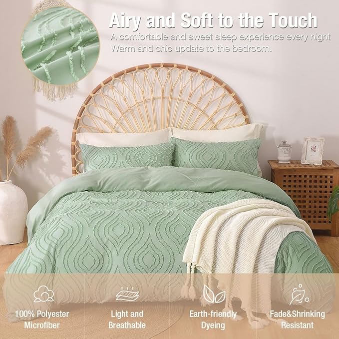 Lekesky Duvet Cover Queen Size, Teal Blue Tufted Queen 3pc Ultra Soft Microfiber Breathable Shabby Chic Bedding Sets with Zipper Ties (No Comforter)