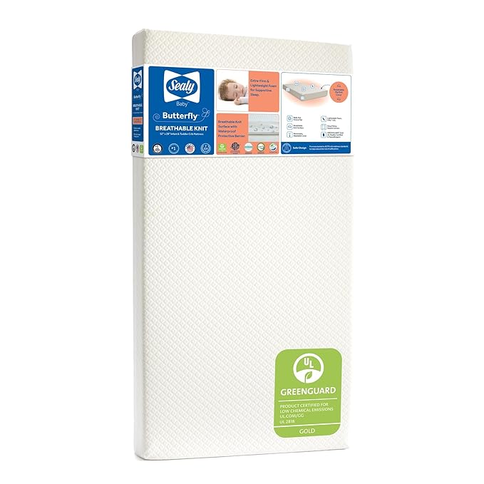 Sealy Baby Butterfly Knit Breathable Crib Mattress, GREENGUARD GOLD Certified, Made in USA, Premium Foam, Washable Easy to Clean Cover, Toddler Bed Fit, Safety & Quality Tested, 52x28"