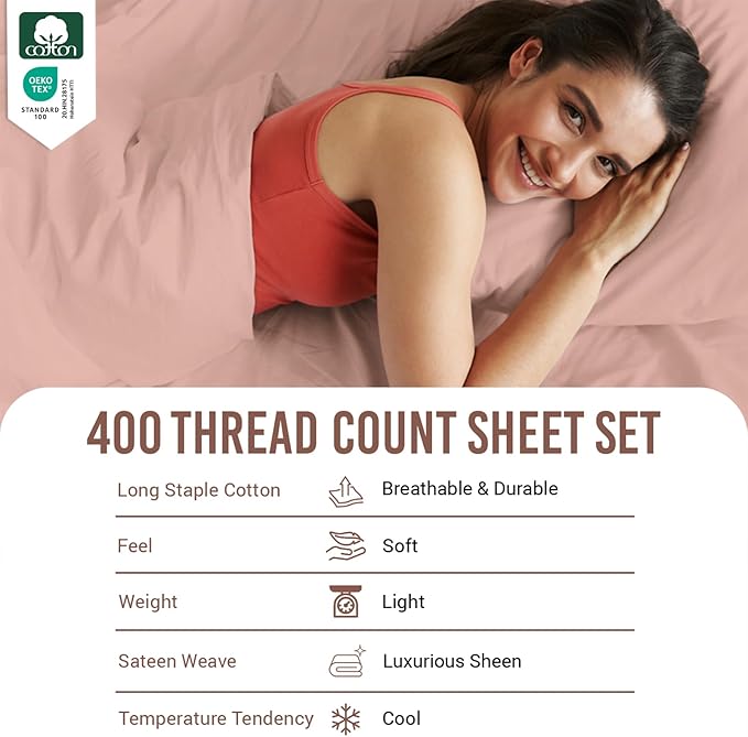 Pizuna Pure 100% Cotton Sheets Twin XL Size, Luxurious 400 Thread Count Long Staple Cotton Sateen Sheets Twin XL with 15" Deep Pocket (Combed Misty Rose Cotton Sheets Twin XL)