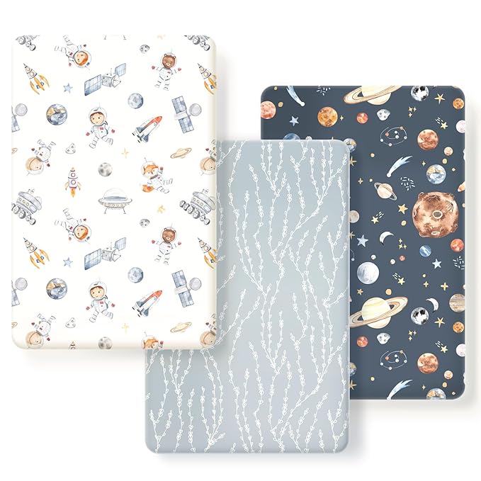 GRSSDER Pack n Play Sheets Fitted 3 Pack, Stretchy Ultra Soft Jersey Knit Pack and Play Sheets, Universal Fitted Portable/Mini Crib Mattresses Snug and Safe, Space Stylish Print