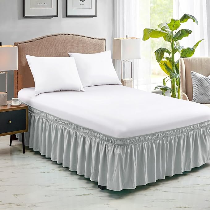 FreshCulture Elastic Wrap Around Bed Skirt - Easy Fit with 22-Inch Tailored Drop, Hotel Quality Dust Ruffle for Full Size Bed (Light Grey)
