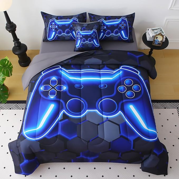 JQinHome Full Size Gaming Bedding Set 6-Piece Comforter for Boys Teens - 3D Video Game Print Bed in a Bag with Sheets, Blue Cool Black Design (Full)