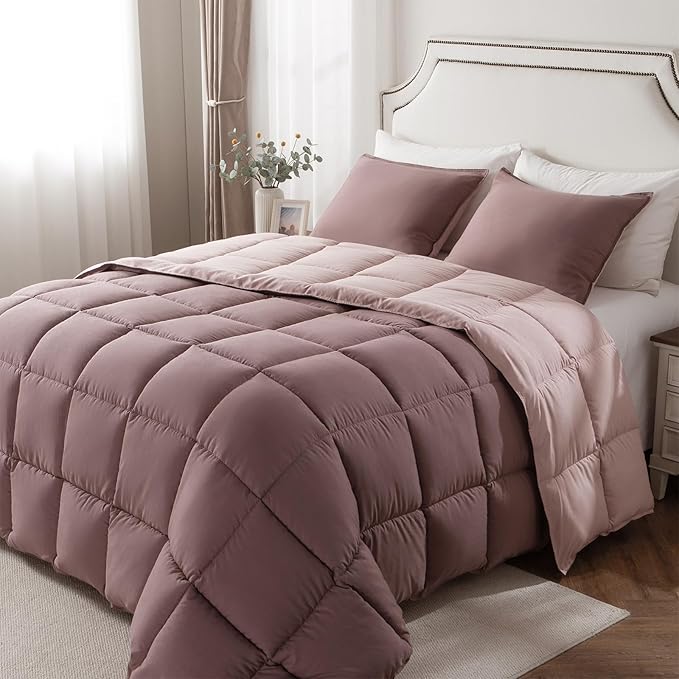 KASENTEX Queen Comforter Set – Reversible Dual Color – Goose Down Alternative – Ultra-Soft, Lightweight, Machine Washable, Maintain Fluffiness, All Season Warmth (Twilight Mauve/Pale Mauve)