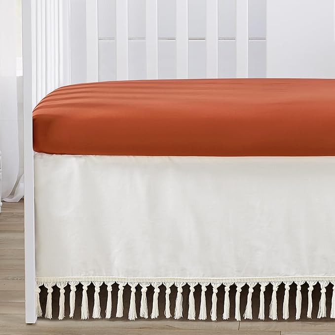 Sweet Jojo Designs Ivory and Orange Boho Vintage Floral Girl Baby Crib Bedding Set Infant Nursery Room Blanket Fitted Sheet Skirt Diaper Stacker 4p Bohemian Rust Daisy Botanical Green Fringe Tassel