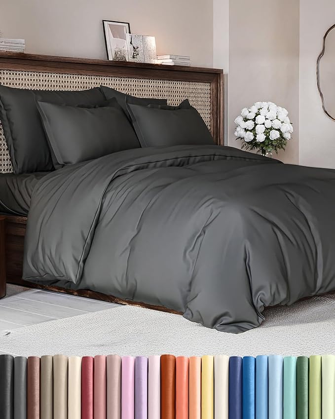 Duvet Cover Cal King Size - Extra Soft Cal King Size Duvet Cover - Lightweight, Breathable, Easy Care & Fade Free w/ Zipper Closures & Ties - 104" x 98" Inches - (Dark Grey) Comforter Not Included