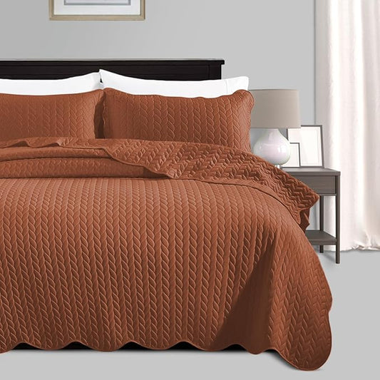 IR Imperial Rooms Queen Quilt Bedding Set Size (90" x 96") + 2 Pillow Shams (20" x 26"+ 2") - 3 Pcs All Season Lightweight Reversible Microfiber Coverlet Embossed Quilt Bedspread (Rust)