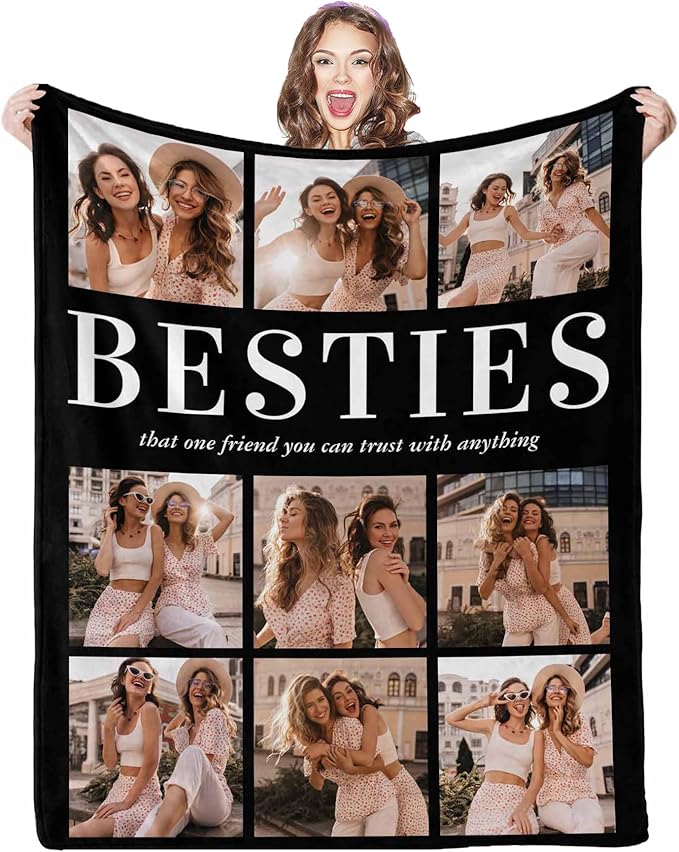 Custom Blankets with Photos and Text, 9 Photos Custom Blankets Best Friend Blanket for Birthdays Christmas Best Friend Sister BFF Girls, 8 Sizes